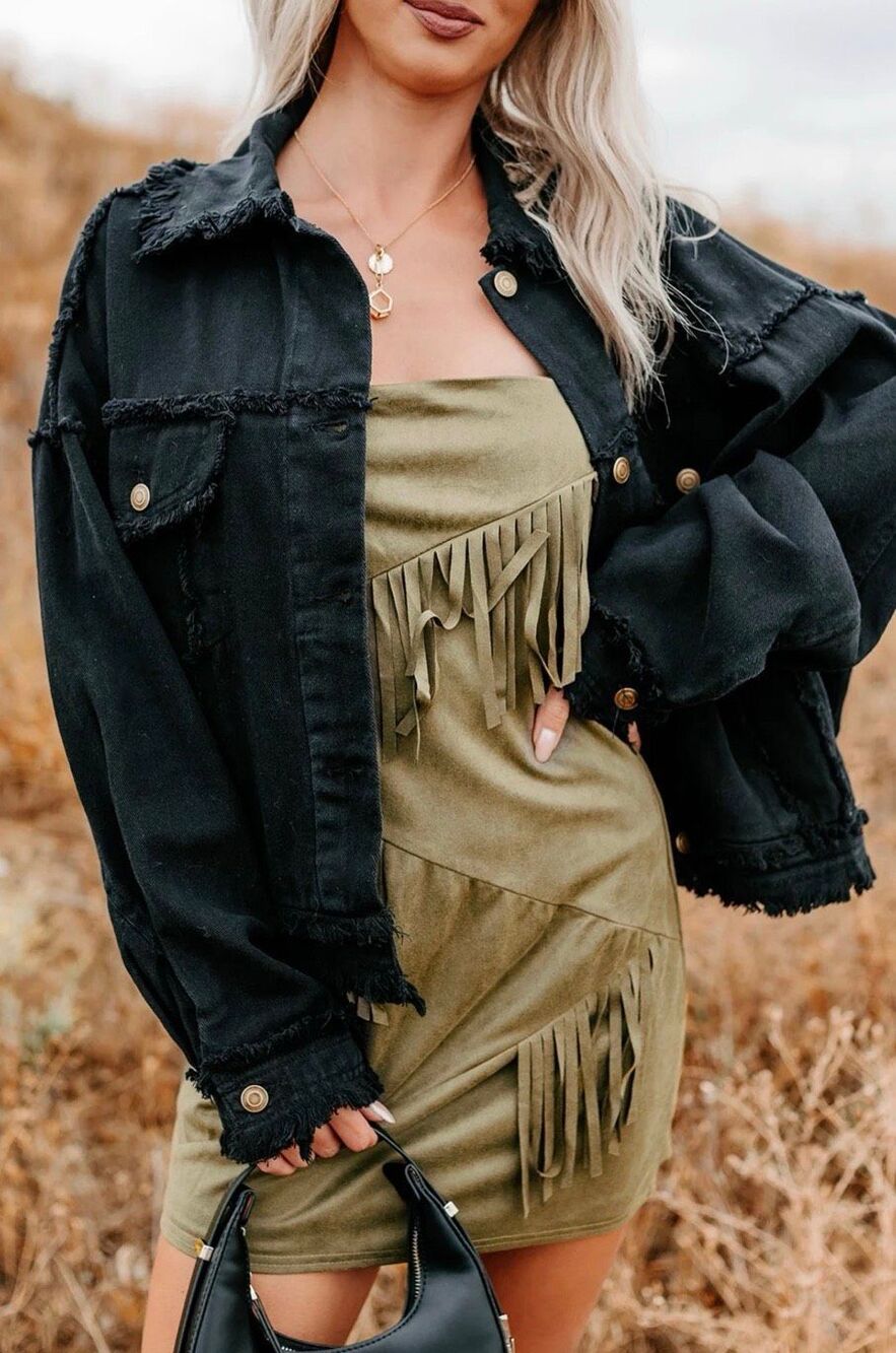 Black Oversized Raw Hem Denim Shacket Jacket Frayed Trucker Button Up HYFVE L - Picture 5 of 15